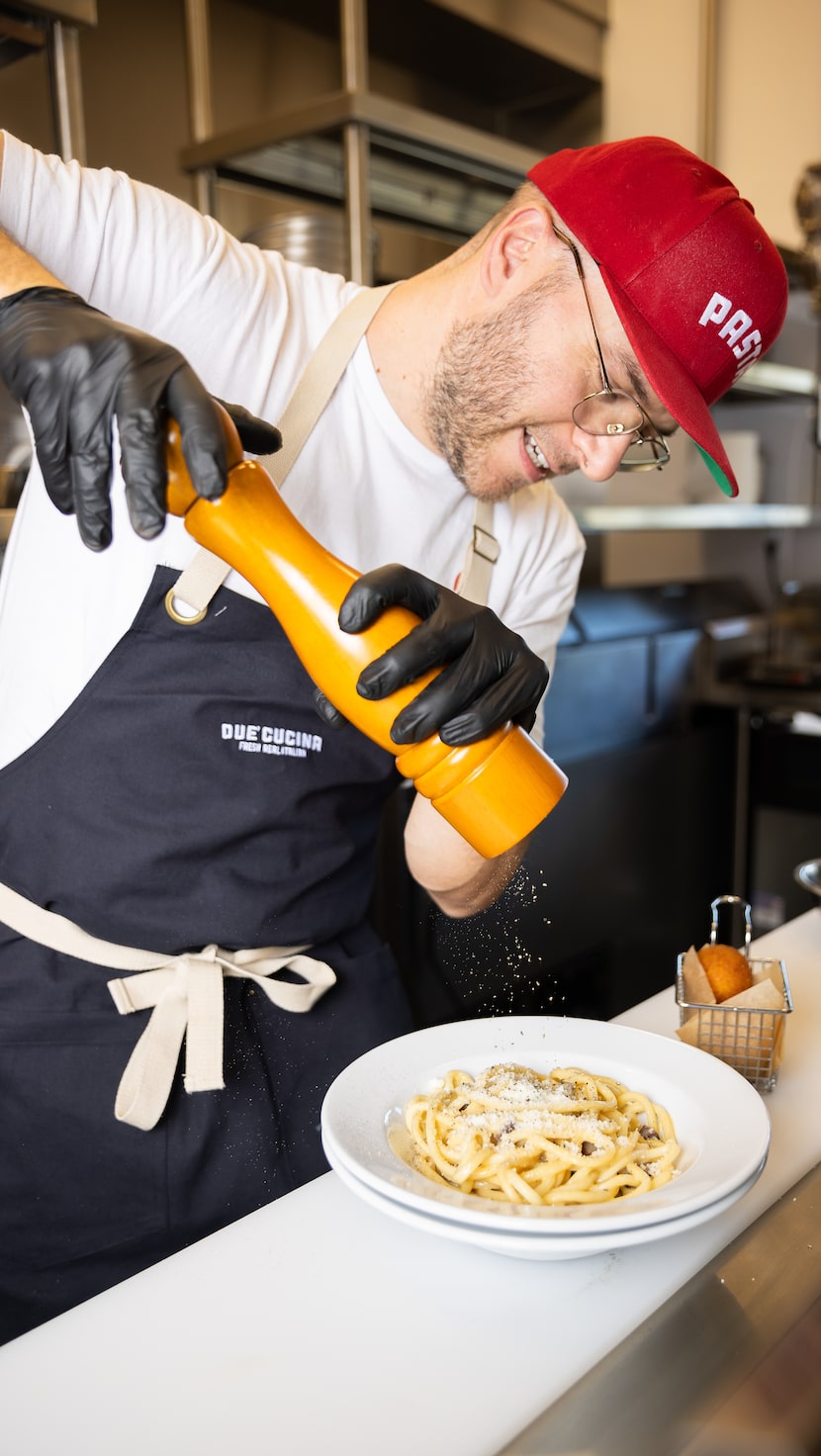 Co-Owner Filippo Fiori prepares a Carbonara, eggs, pecorino romano, guanciale (cured...