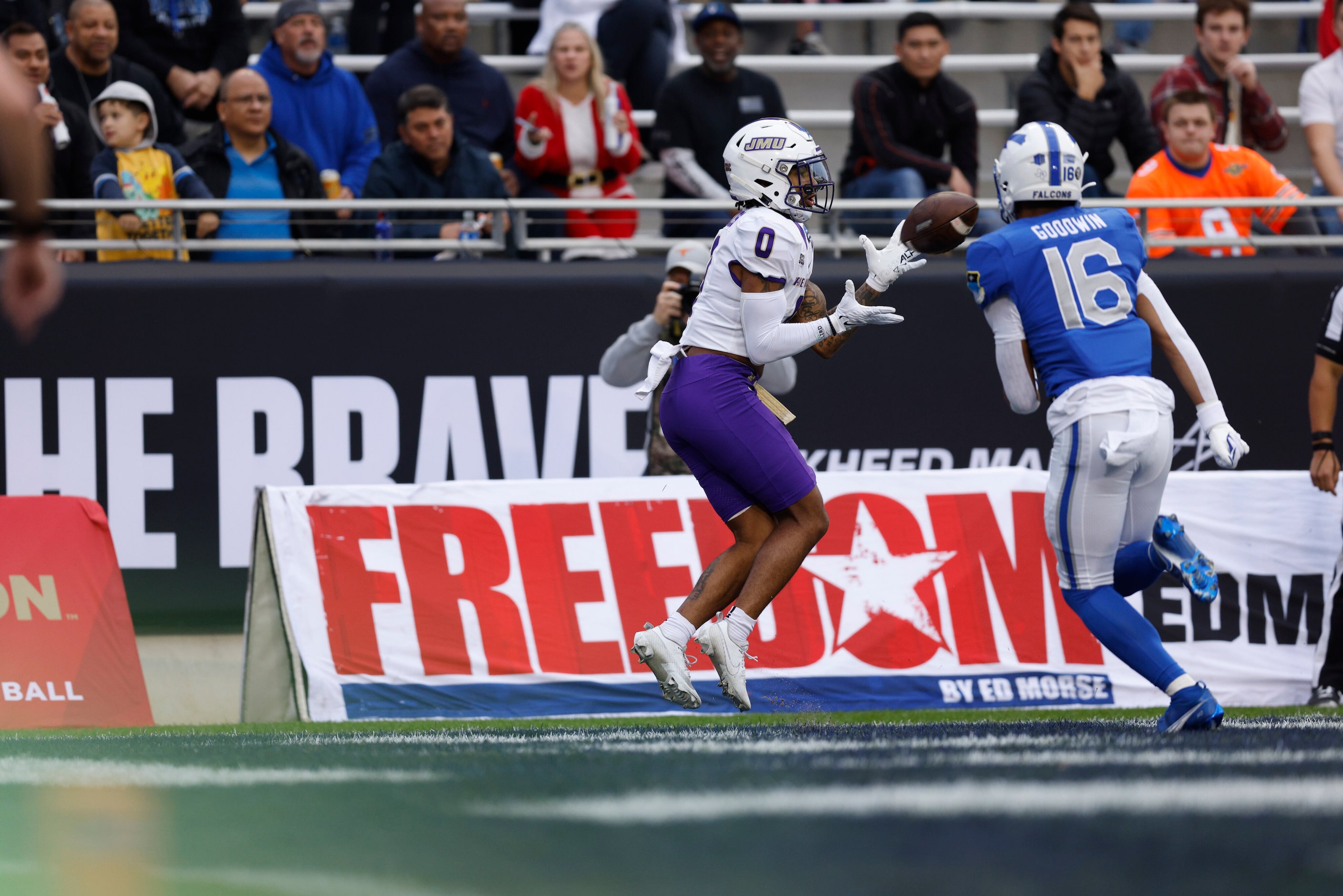 James Madison Dukes wide receiver Phoenix Sproles (0) catches a pass for a touchdown ahead...