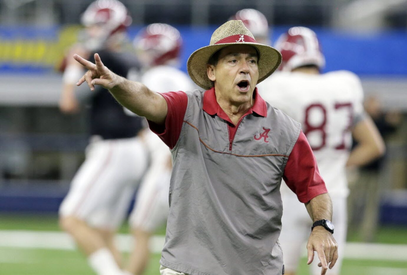 Alabama head coach Nick Saban gives directions during team practice for the NCAA Cotton Bowl...