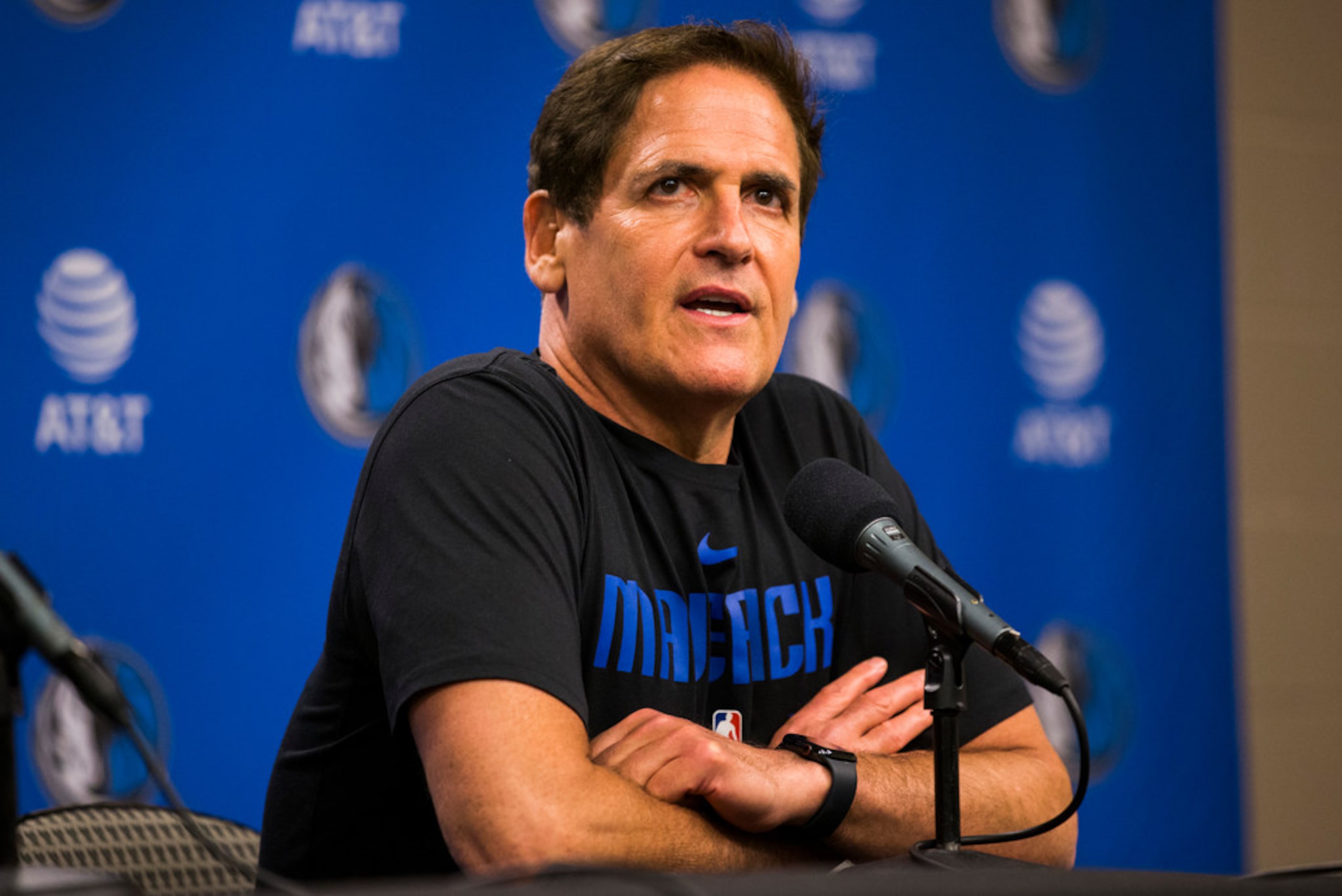 Dallas Mavericks owner Mark Cuban speaks to reporters after the Dallas Mavericks beat the...