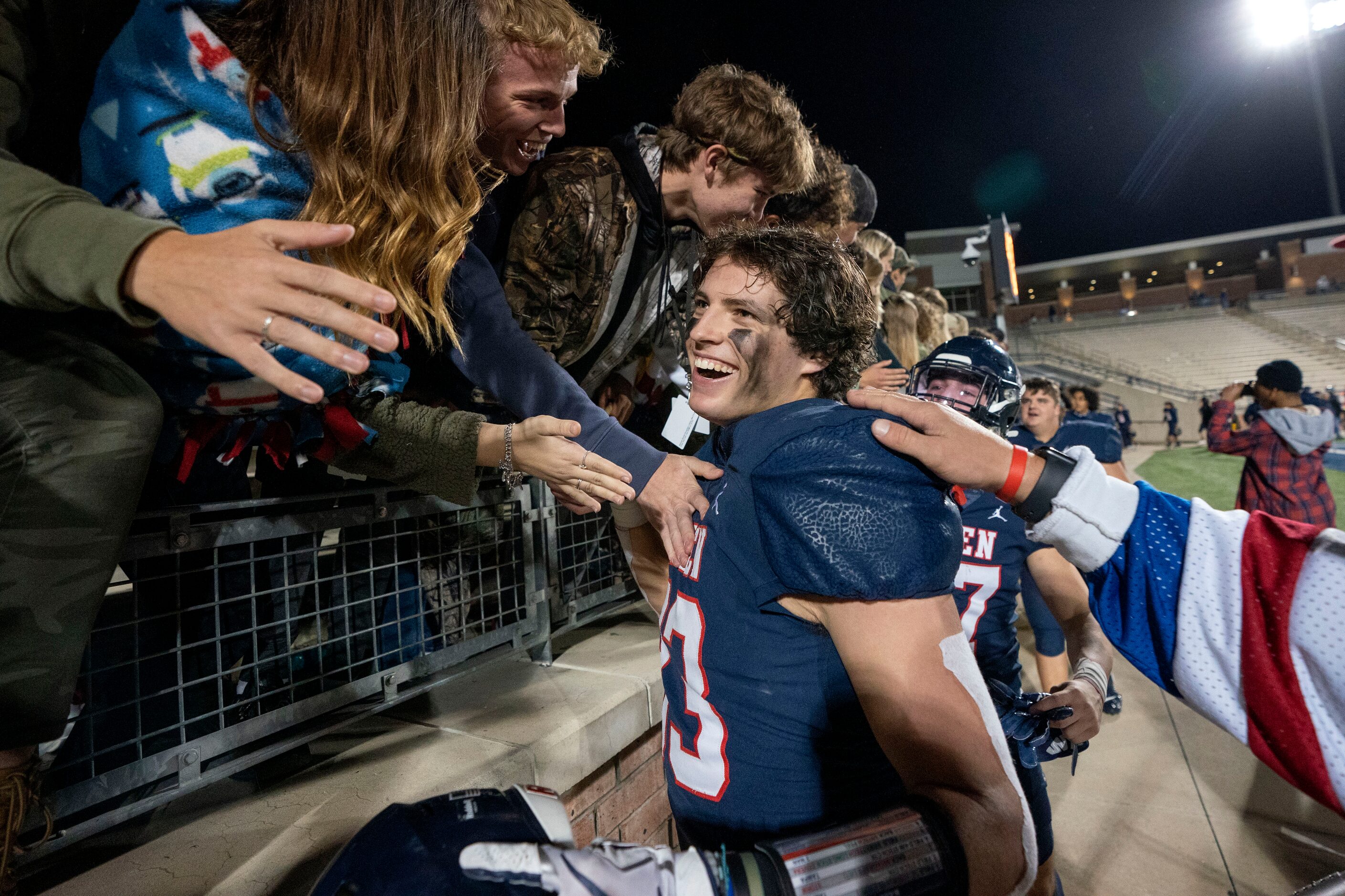 Allen senior defensive end Noah Nance (83) celebrates with fans after his team’s 59-30...