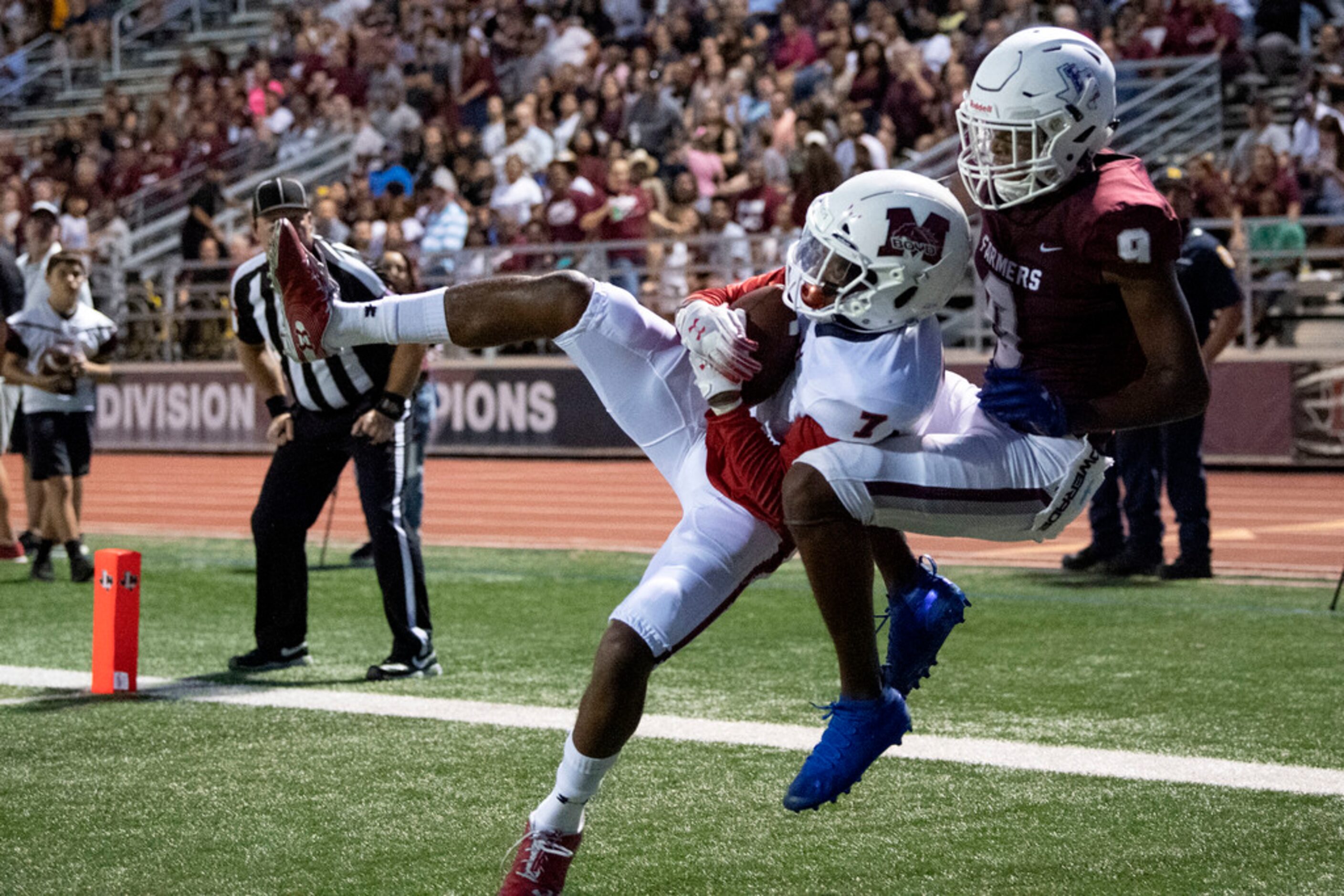 McKinney Boyd senior defensive back Jaylen Shaw (7) hauls in an interception in the end zone...