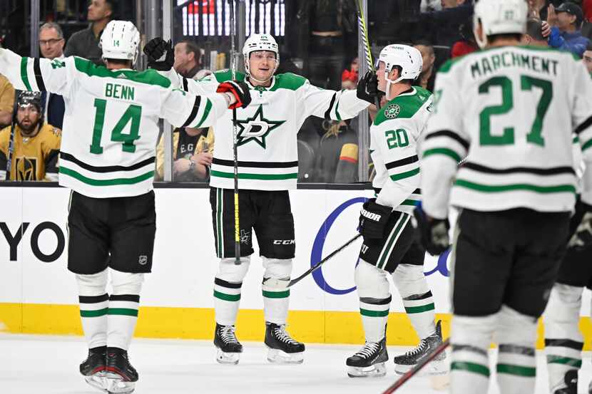The Dallas Stars celebrate a goal against the Vegas Golden Knights during the third period...