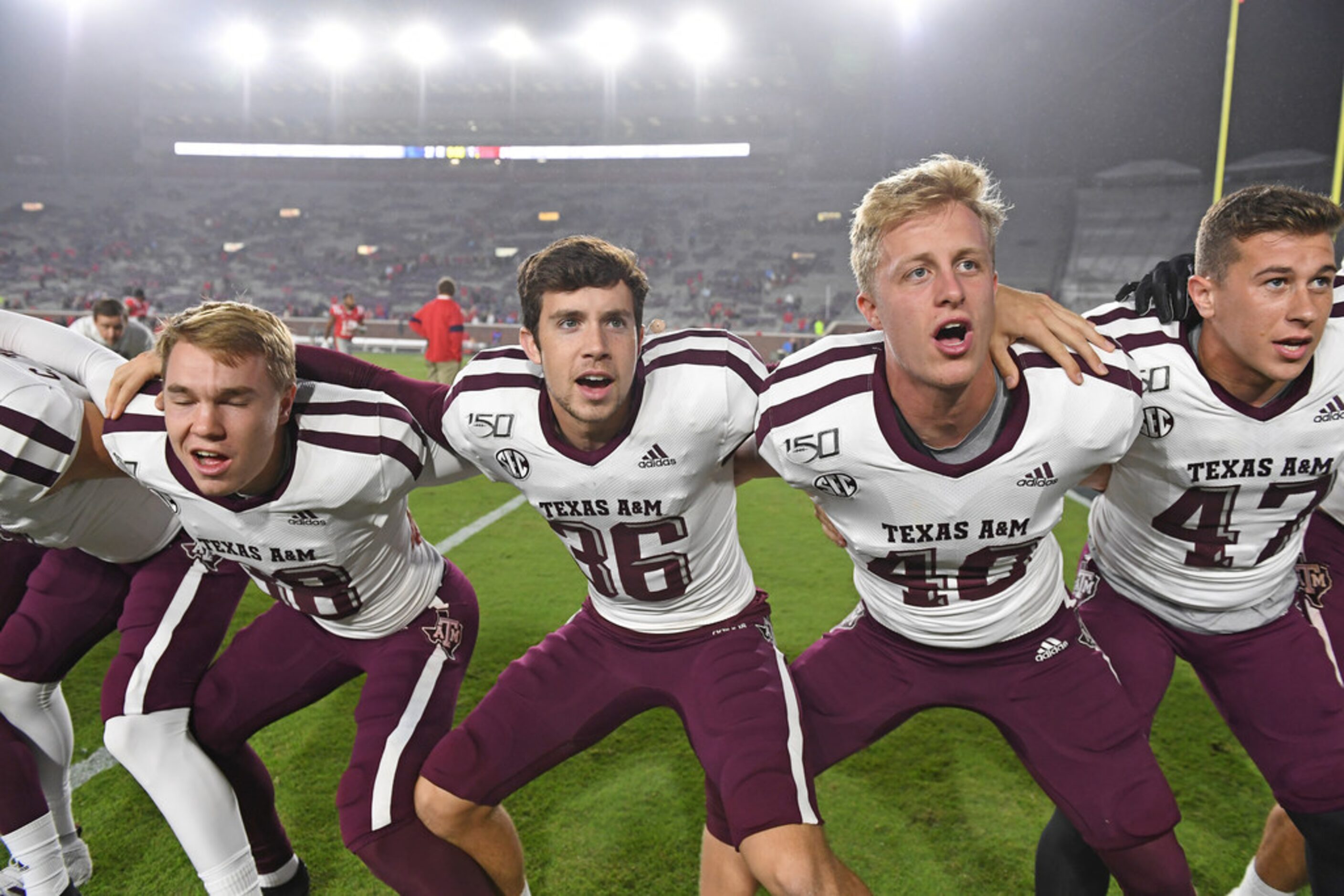 Texas A&M players celebrate after an NCAA college football game against Mississippi in...