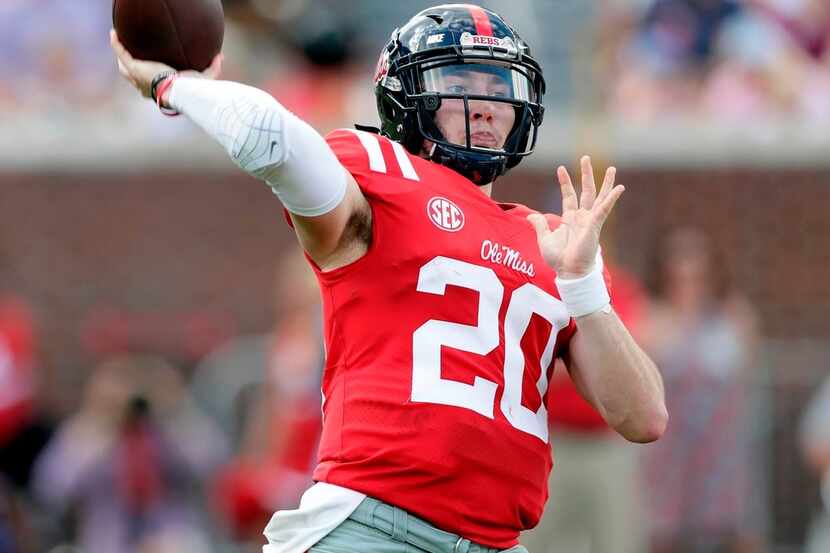 FILE -In this Oct. 14, 2017, file photo Mississippi quarterback Shea Patterson passes...