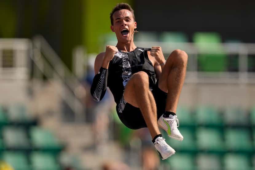 KC Lightfoot celebrates during the finals of the men's pole vault at the U.S. Olympic Track...