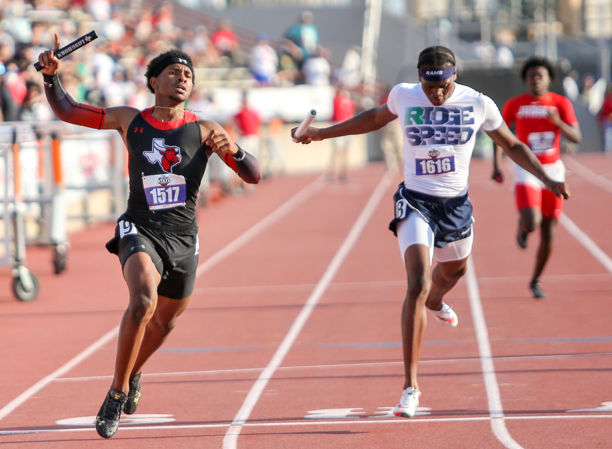 Diallo Good of Cedar Hill crosses the finish line in first place in the 6A Boys 4x200 meter...
