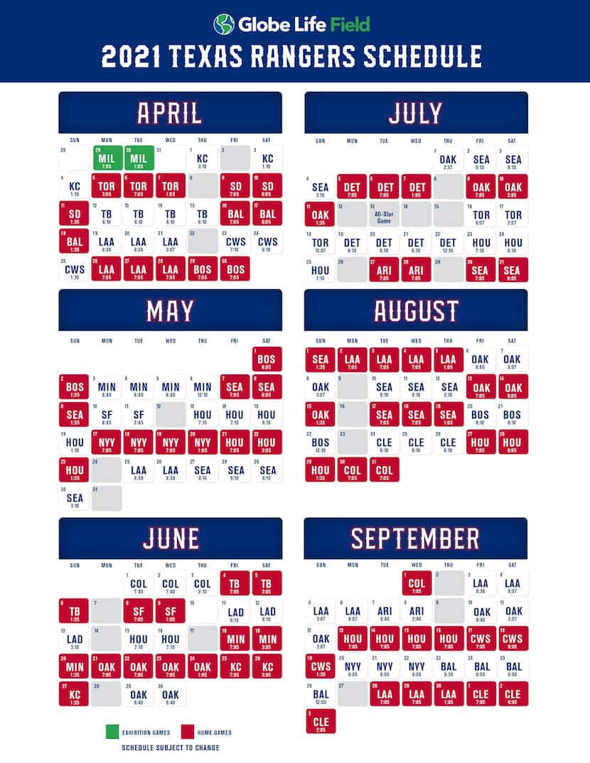 Texas Rangers schedule for the 2021 MLB season.