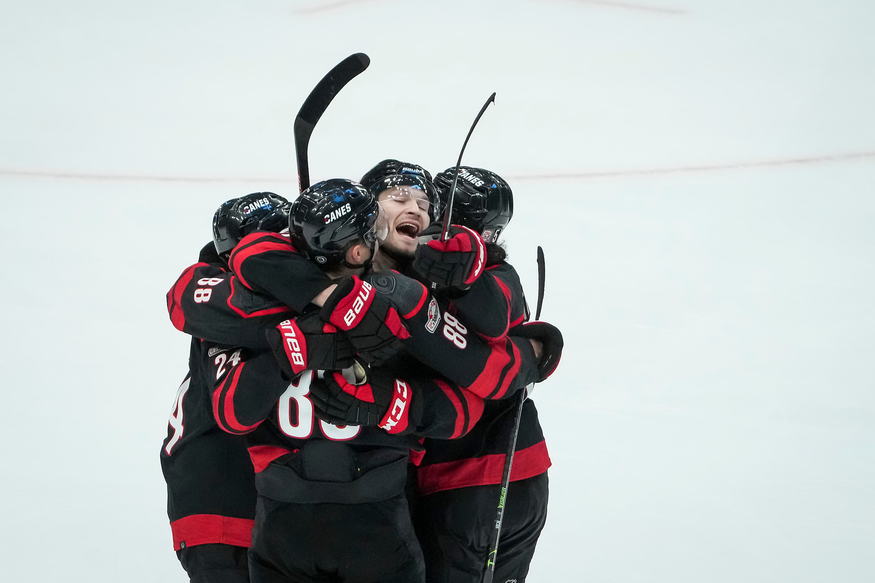 Carolina Hurricanes center Martin Necas (88) celebrates with center Seth Jarvis (24),...