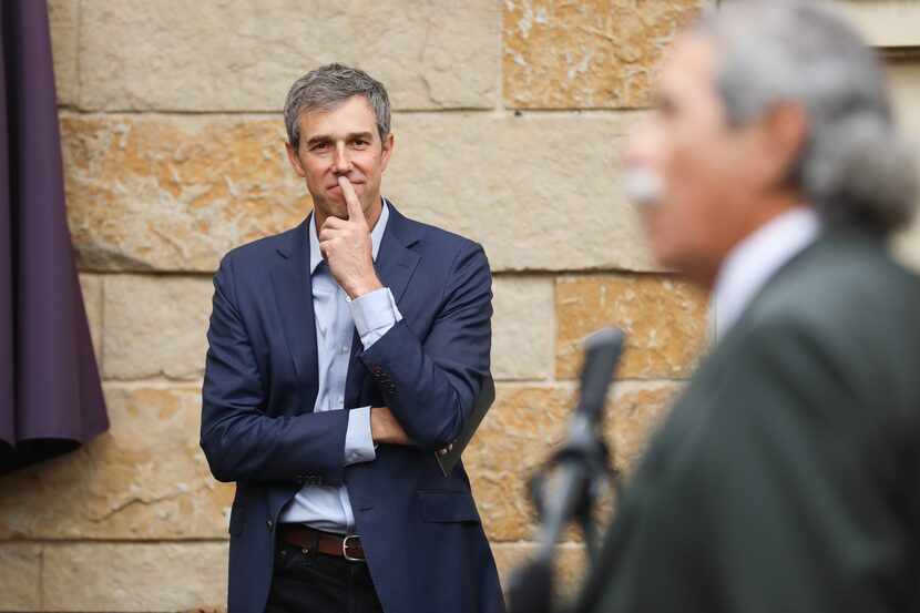 Texas Democratic gubernatorial candidate Beto O'Rourke (left) listens to Dallas ISD...