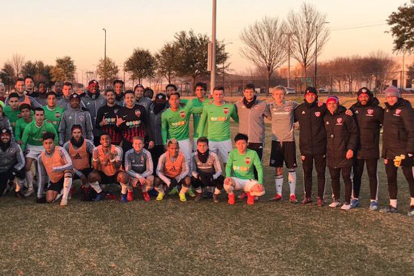 FC Dallas and NTX Rayados gather for a photo after the scrimmage.