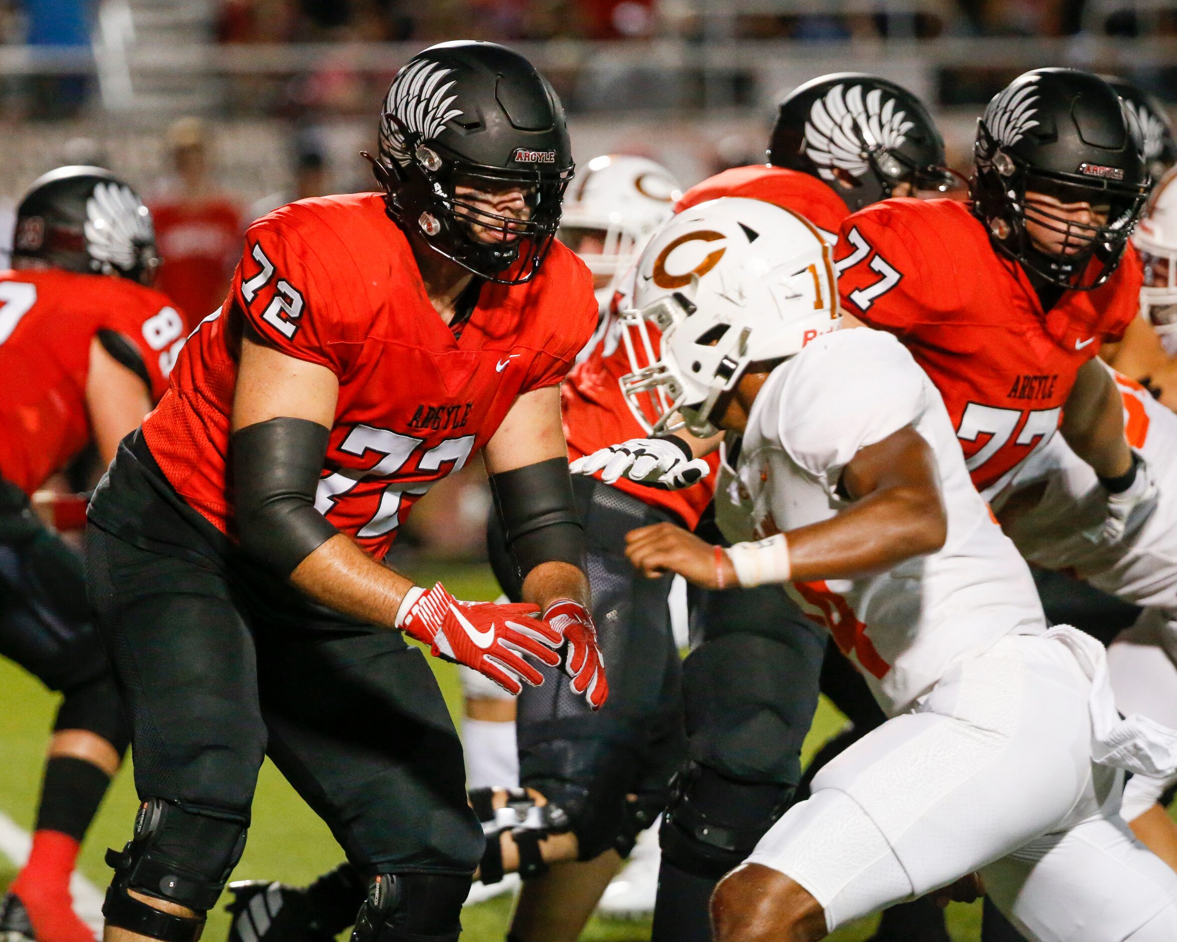 Argyle offensive lineman Sheridan Wilson (72) readies to block Celina defensive end Trae...