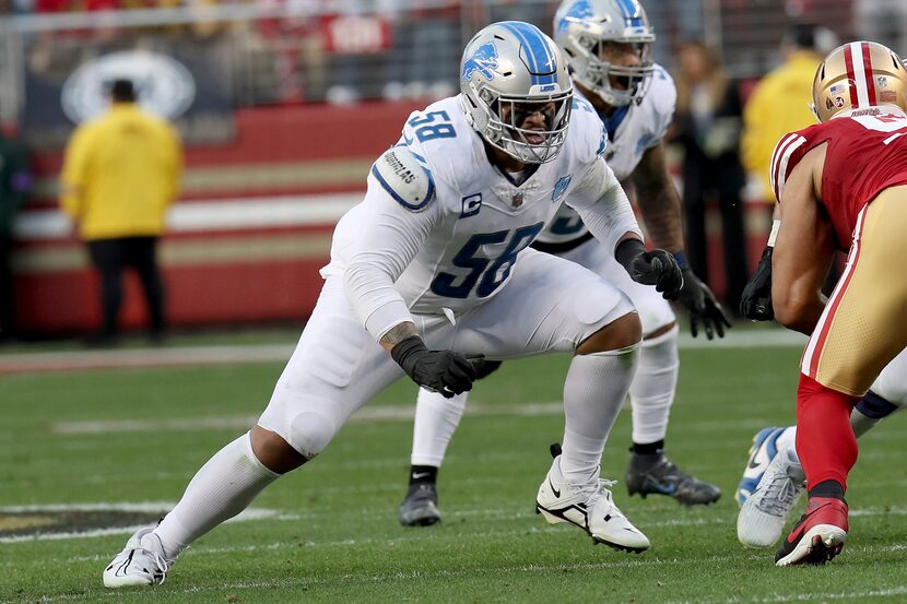 FILE -  Detroit Lions offensive tackle Penei Sewell (58) blocks during the NFC Championship...