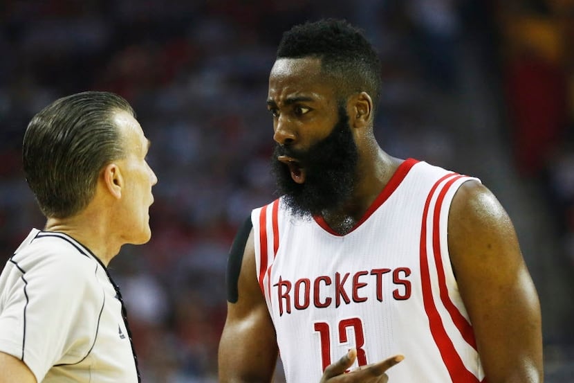 Houston Rockets guard James Harden (13) argues a foul called on him by referee Ken Mauer...