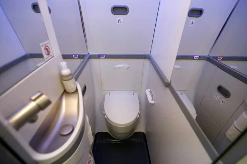 The lavatory inside Southwest Airlines' new plane, the 737 Max, at headquarters in Dallas,...
