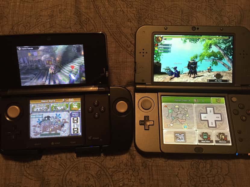 Monster Hunter 3 Ultimate on a launch 3DS with a Circle Pad Pro attached, compared to...