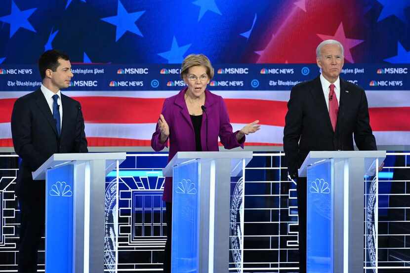 Presidential hopefuls Pete Buttigieg, Sen. Elizabeth Warren and Joe Biden participate in the...