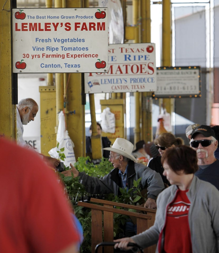 J.T. Lemley, center, of Lemley's Farm gathers tomato plants for a customer at the Lemley's...