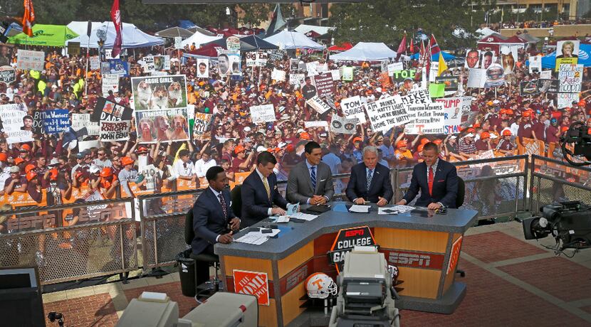 L to R, ESPN analyst Desmond Howard, host Rece Davis,, contributor David Pollack, analyst...