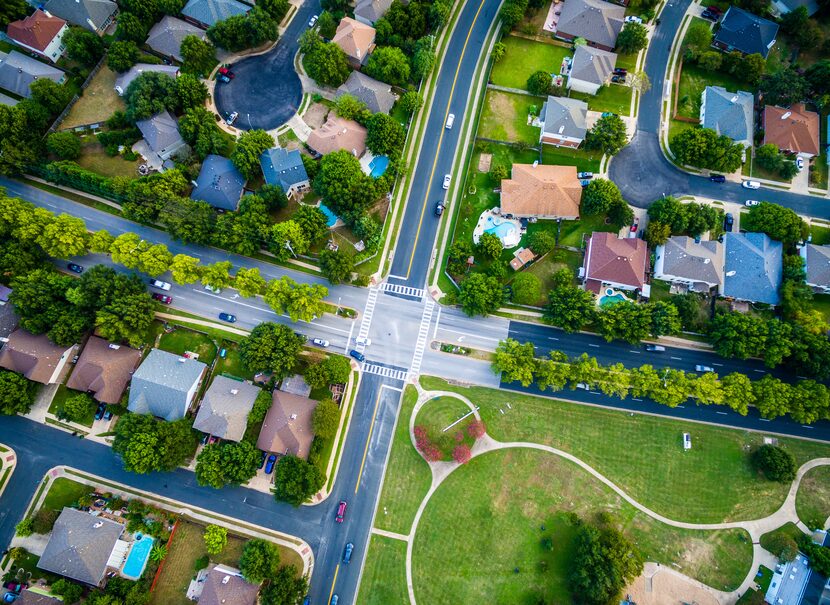 An aerial view of a suburban neighborhood.