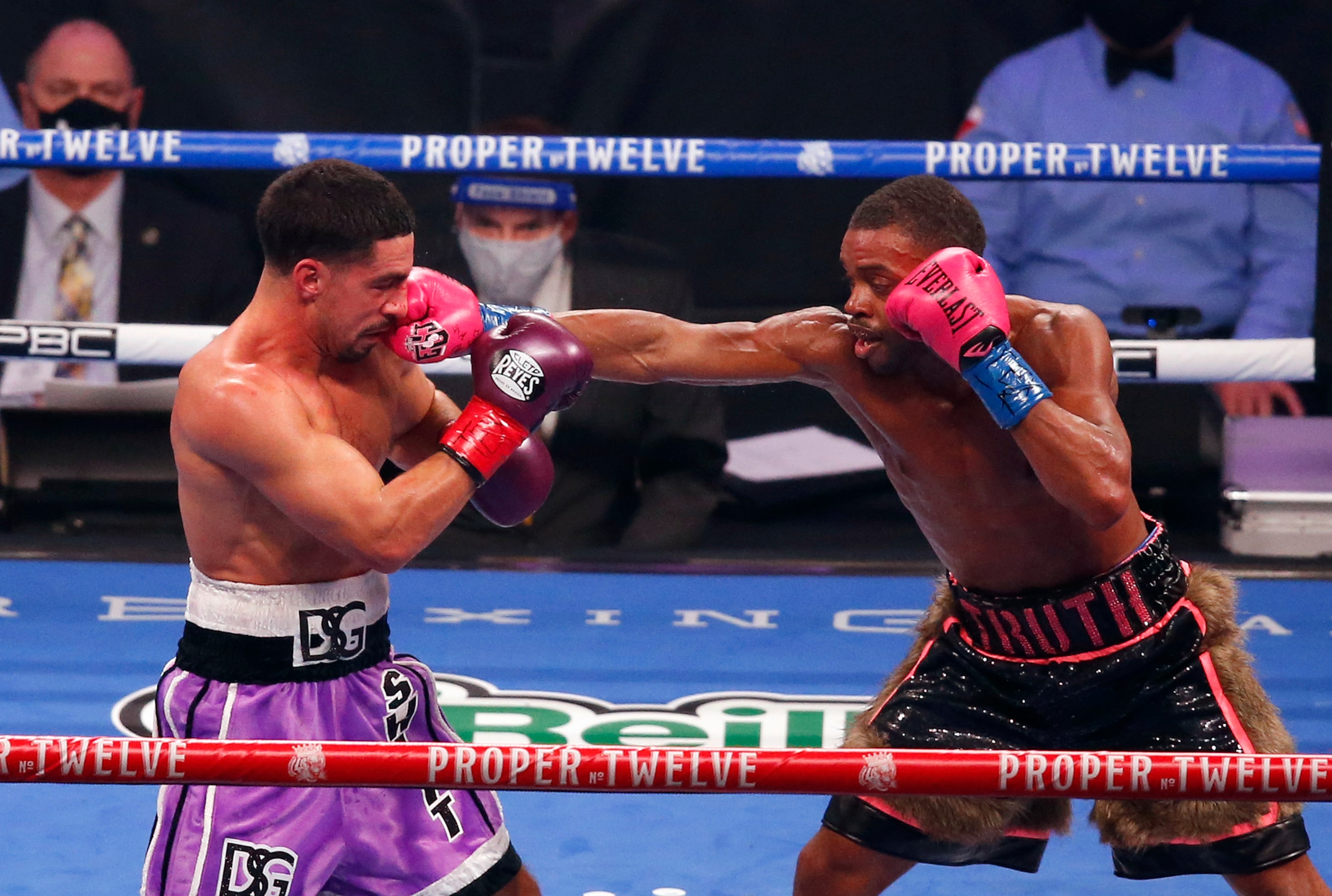 Errol Spence, Jr. punches  Danny García  during the fifth round of a WBC & IBF World...