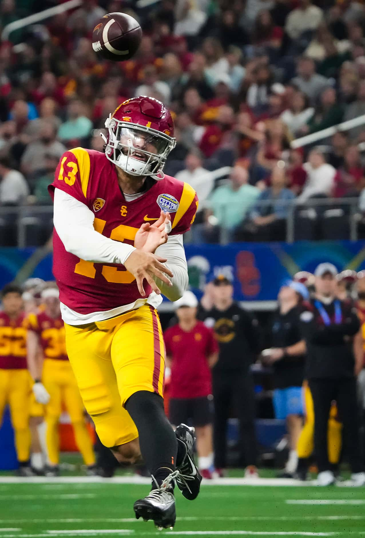 USC quarterback Caleb Williams (13) throws a touchdown pass to Terrell Bynum during the...