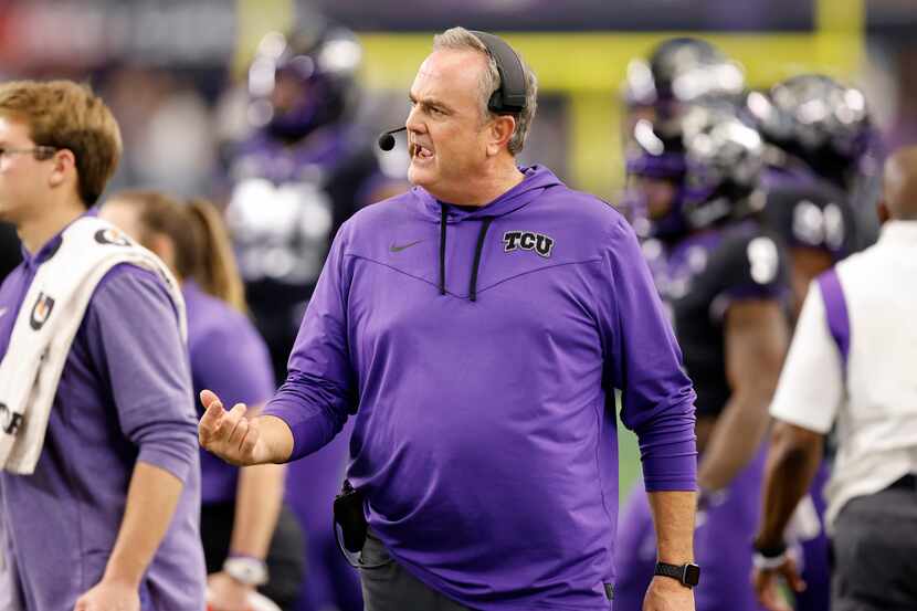 TCU Horned Frogs head coach Sonny Dykes looks for an official during the second half of the...