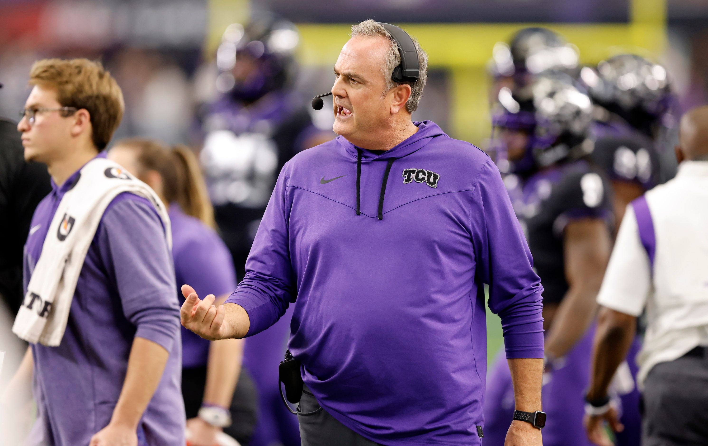 TCU Horned Frogs head coach Sonny Dykes looks for an official during the second half of the...