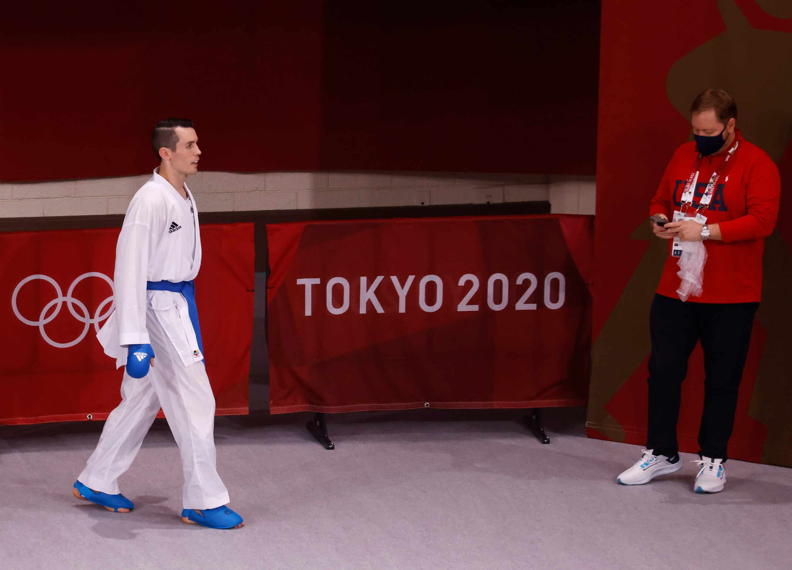 USA’s Tom Scott paces before competing in the karate men’s kumite -75kg elimination round at...