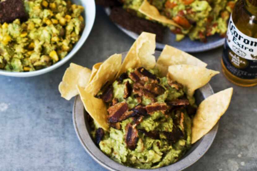 Four variations of guacamole include Sweet Heat Bacon (front), Chipotle Corn (left), Shrimp...