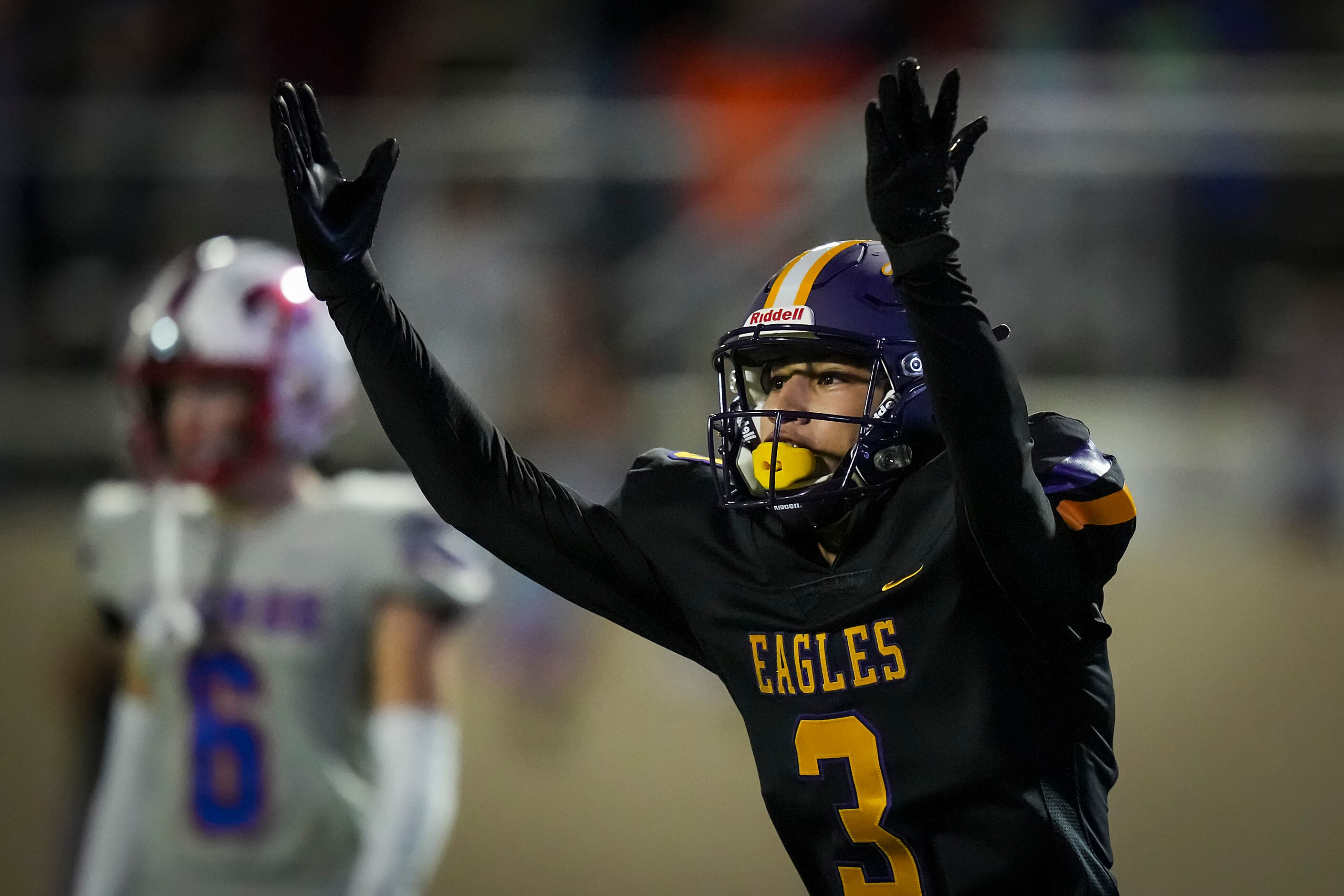 Richardson’s Evan Tabora (3) celebrates after scoring on a 17-yard pass completion during...