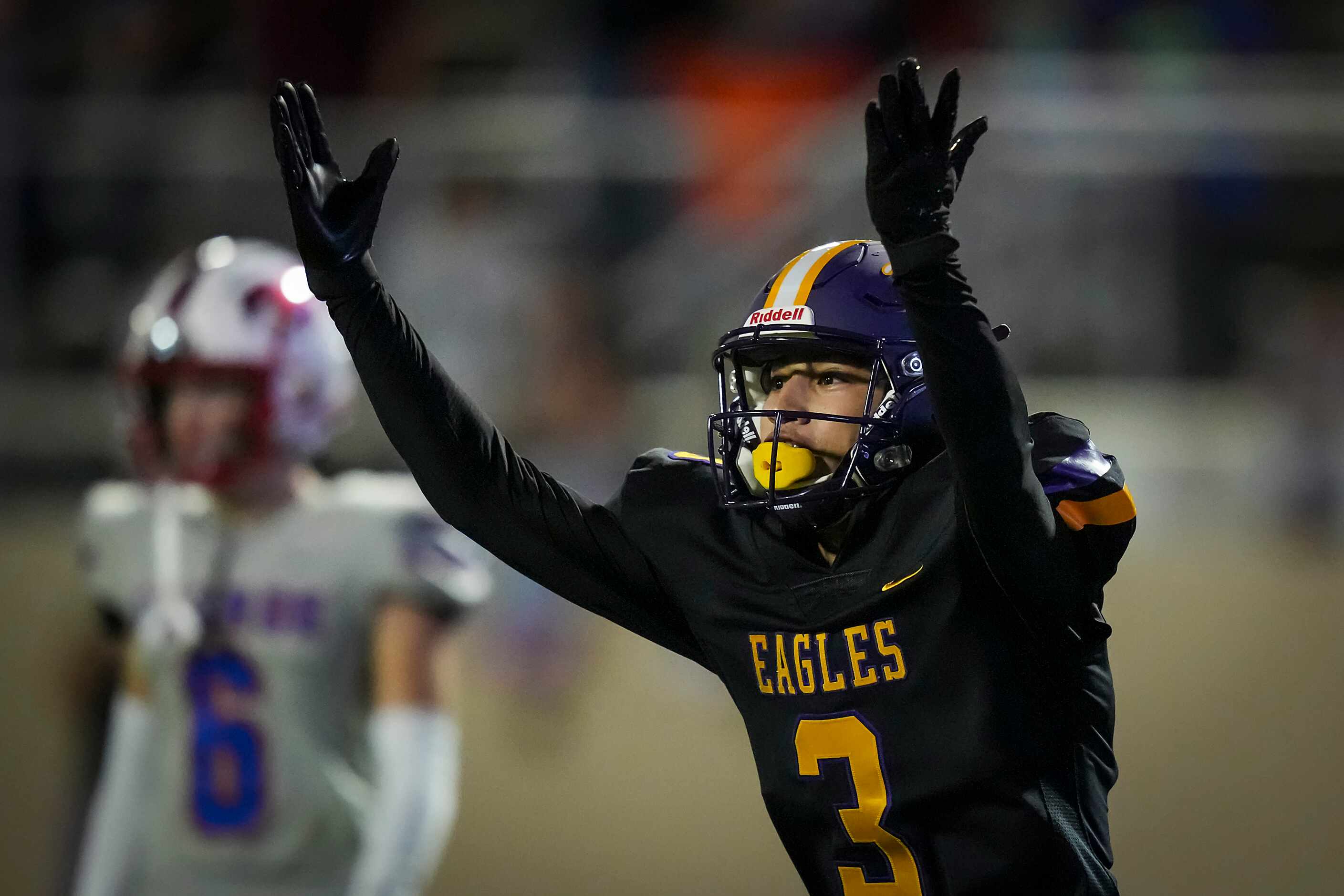 Richardson’s Evan Tabora (3) celebrates after scoring on a 17-yard pass completion during...