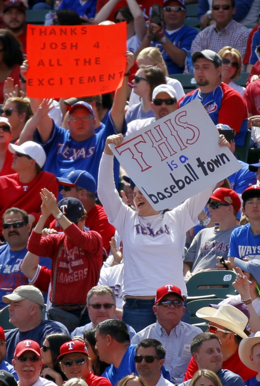 Texas Rangers fans express their thoughts about Los Angeles Angels left fielder Josh...
