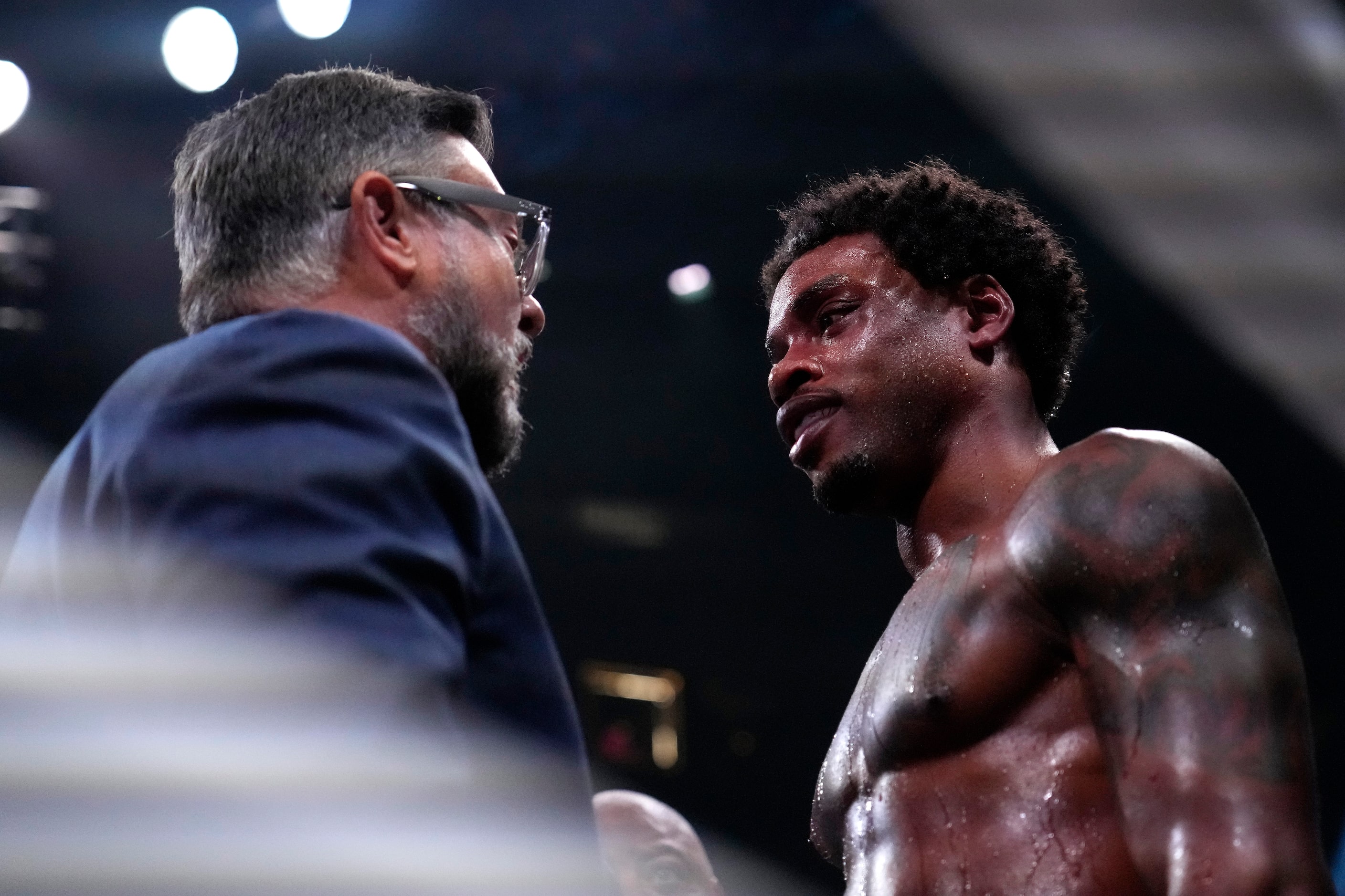 Errol Spence Jr. is checked out in his corner after a knockdown by Terence Crawford fight...