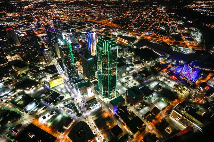 The Dallas skyline as seen from a Dallas police helicopter in early November.