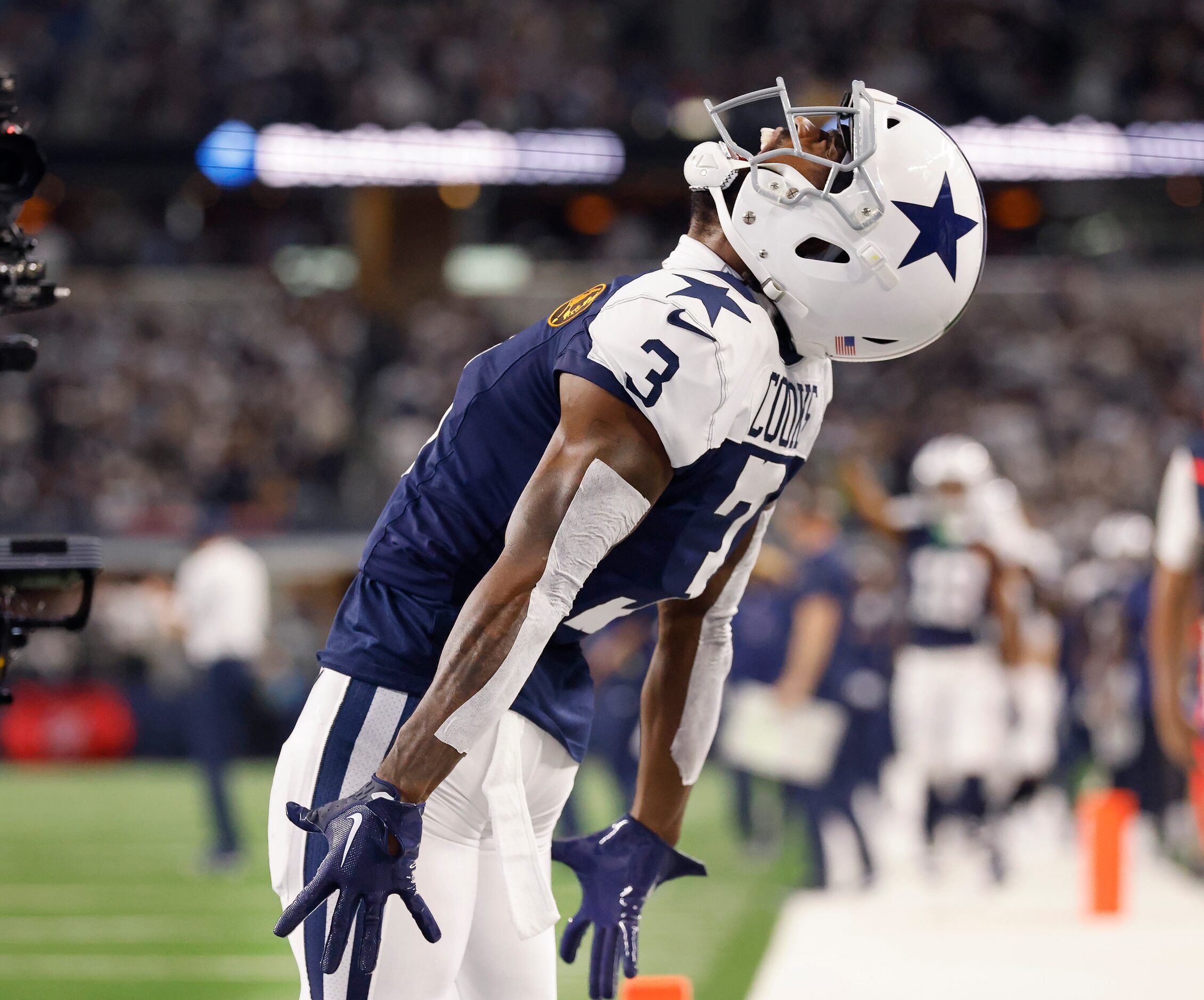 Dallas Cowboys wide receiver Brandin Cooks (3) celebrates his second quarter touchdown...