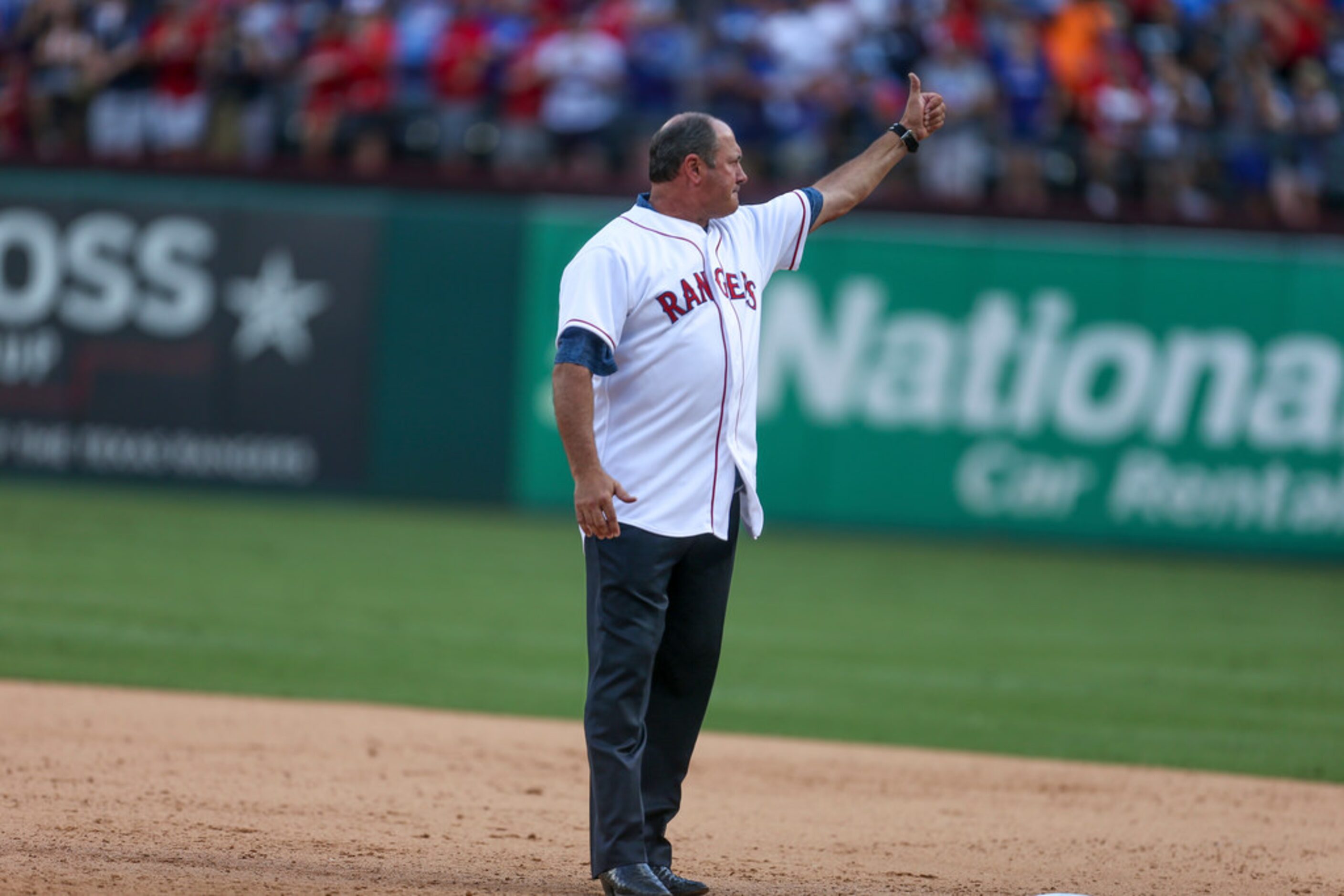 Former Texas Rangers first baseman Will Clark  is recognized as a member of the Globe Life...