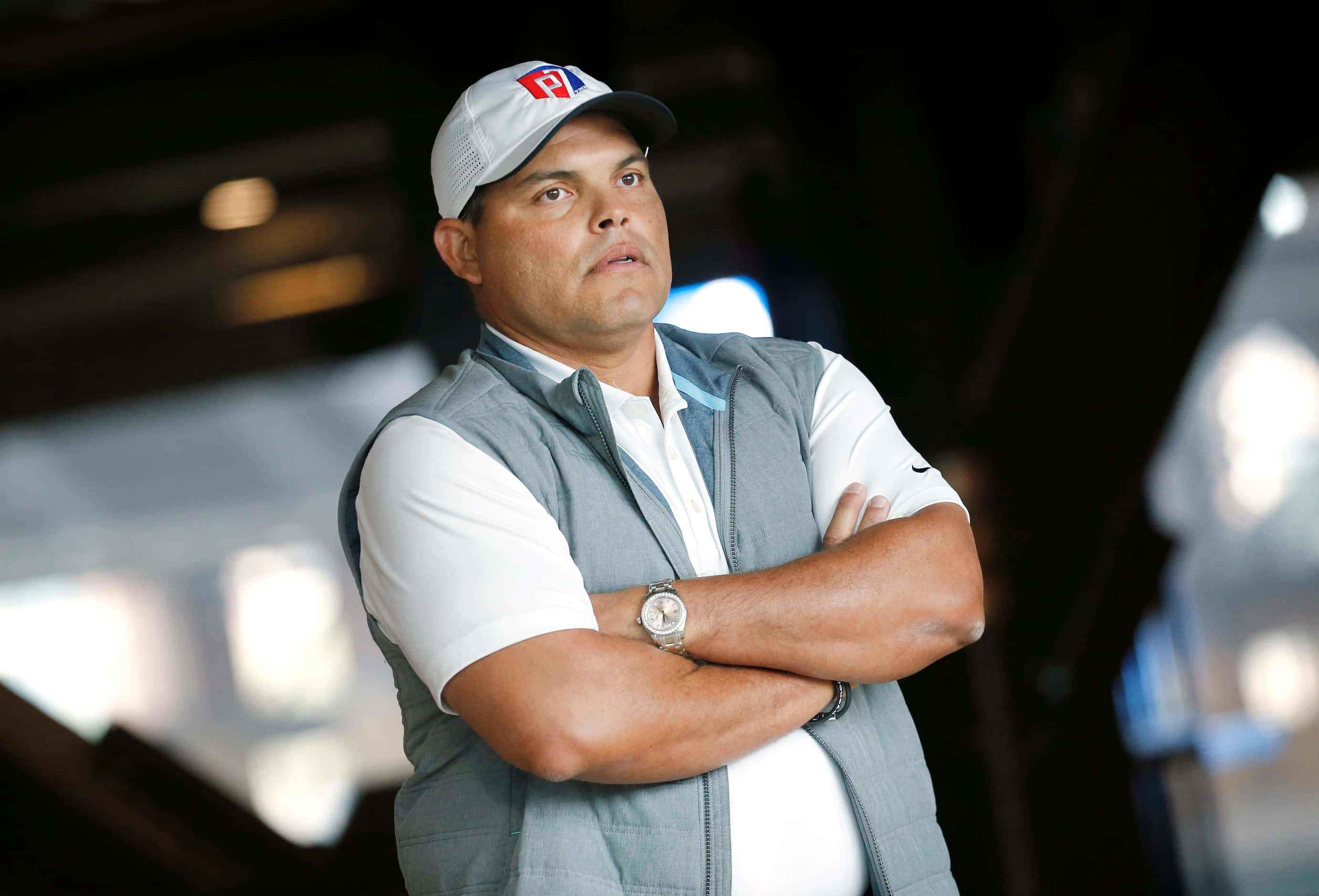 Former Texas Rangers catcher Ivan 'Pudge' Rodriguez listens to his introduction before...