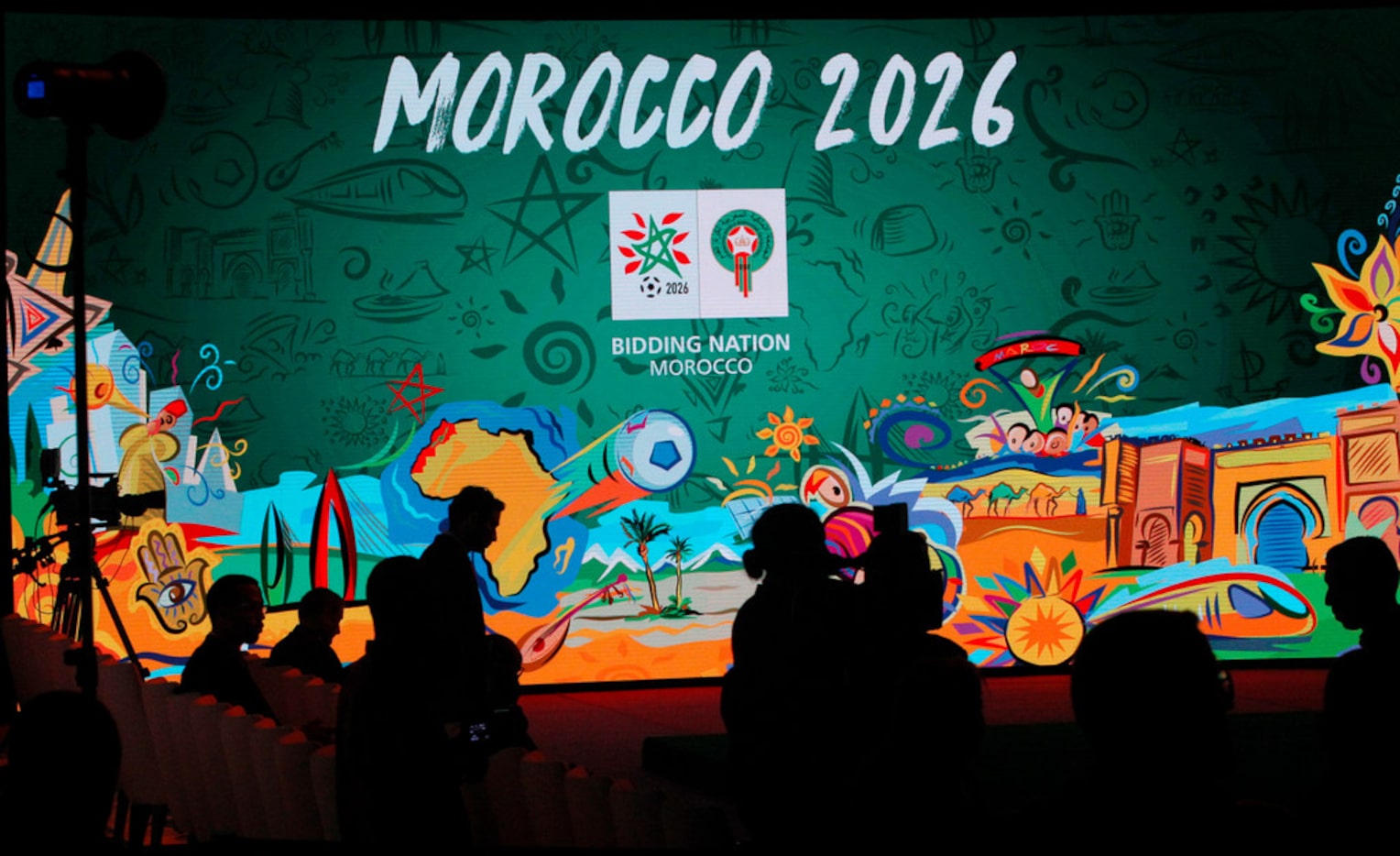 A giant screen displays the logo of Morocco 2026 inside of the reception before a press...