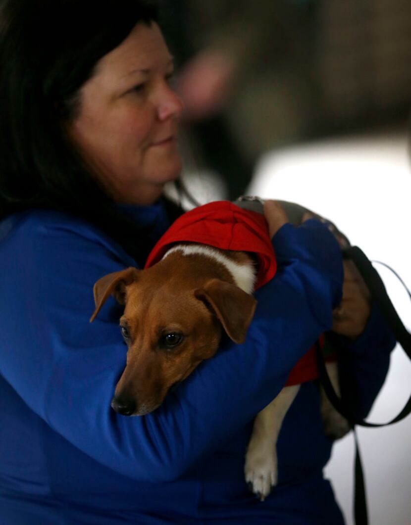 Rangers fan Billie Garcia holds her dog Rizzo during the annual Bark in the Park night at...