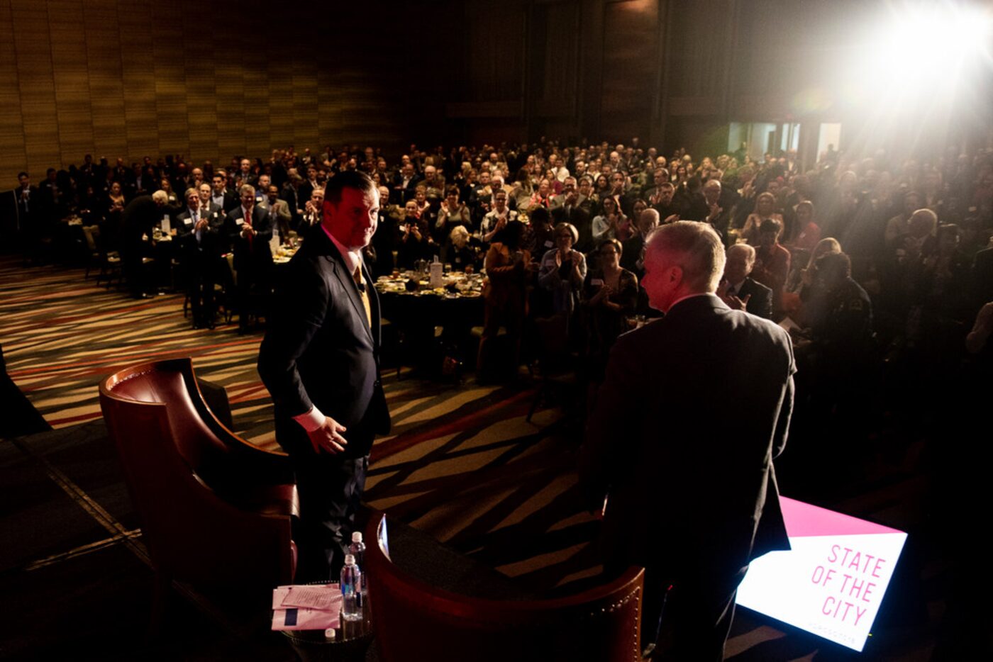 Dallas Mayor Mike Rawlings gets a standing ovation following a conversation with DMN deputy...