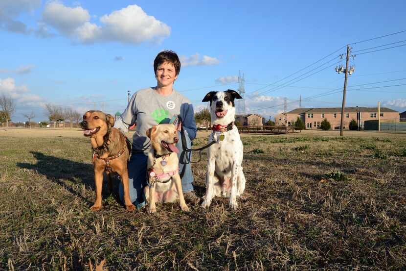 Tracy Allard and her dogs (from left) Gracie, Ginger and Dingo sit on the proposed site of a...