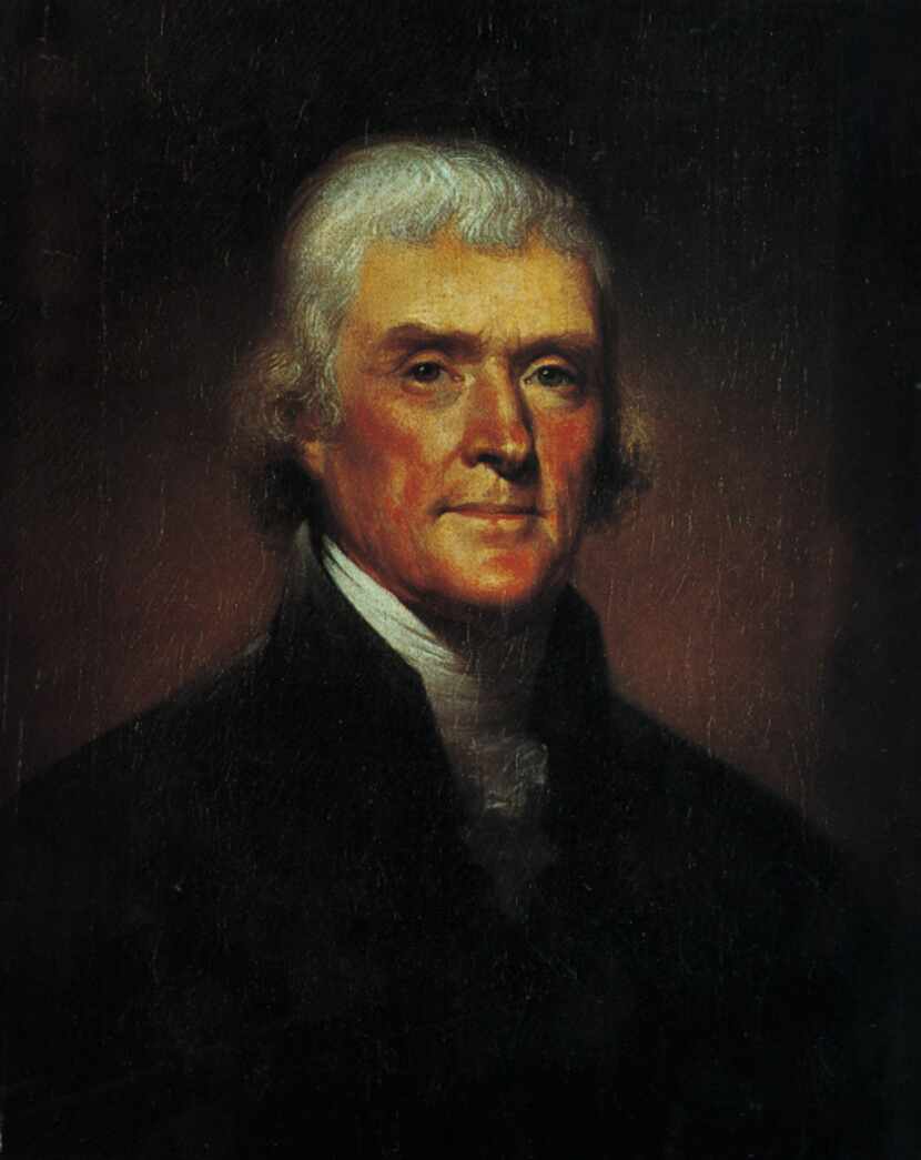 This is an undated photo of a 1800 portrait depicting Thomas Jefferson by artist Rembrandt...