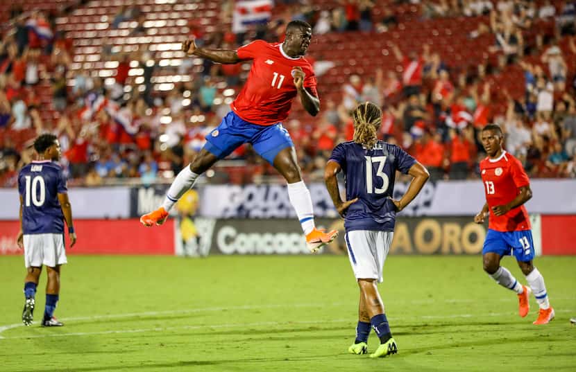 Costa Rica's #11 Mayron George celebrates his goal against Bermuda in the 2019 Gold Cup at...