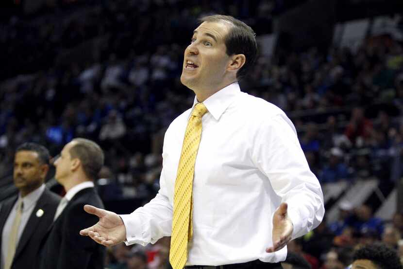 Baylor Bears head coach Scott Drew reacts in the first half of a men's college basketball...