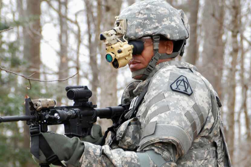 A Soldier uses the new AN/PSQ-20 Enhanced Night Vision Goggles.