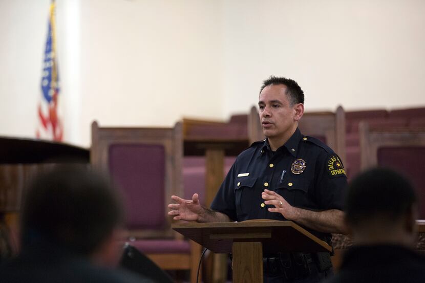 Dallas Police Department's Deputy Chief Thomas Castro speaks at Cedar Crest Cathedral in...