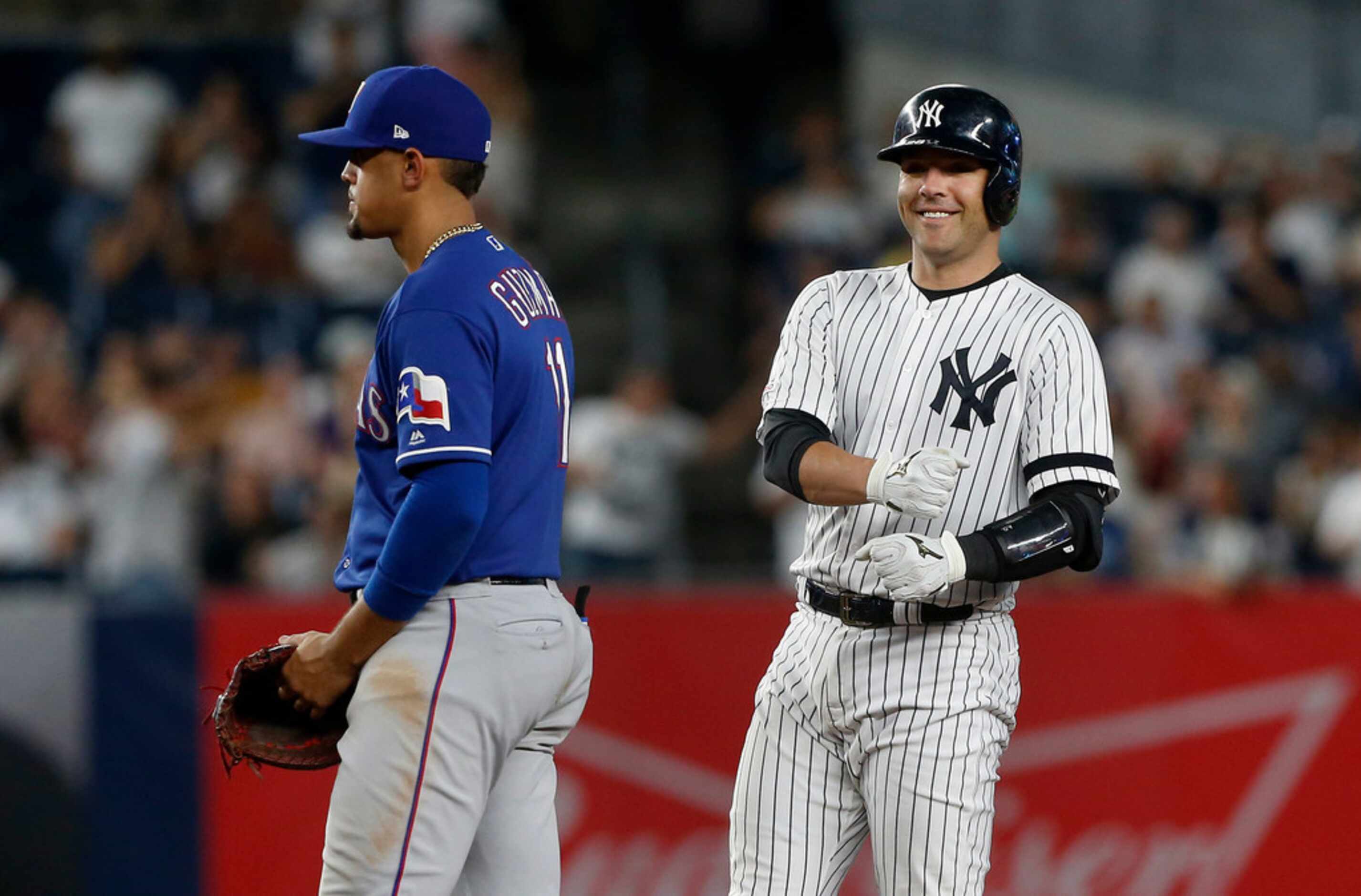 NEW YORK, NEW YORK - SEPTEMBER 04:   Austin Romine #28 of the New York Yankees smiles at...