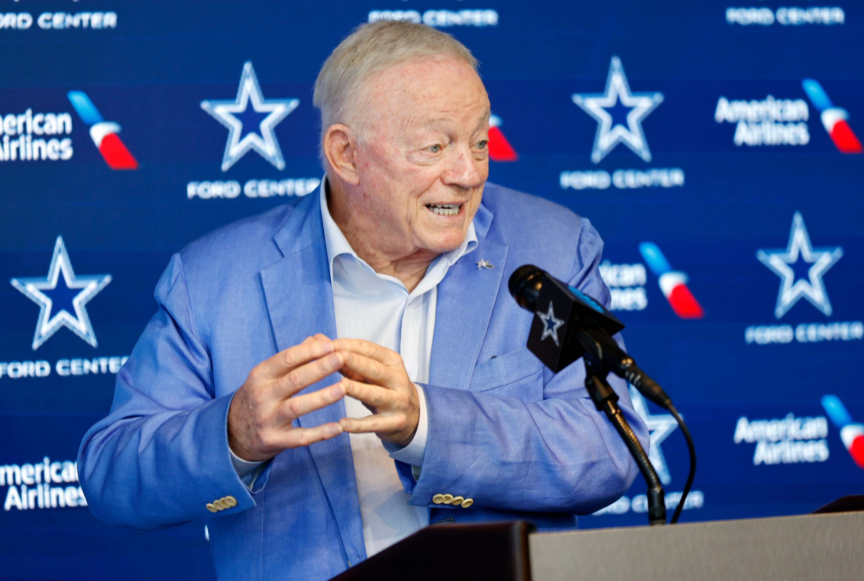 Dallas Cowboys owner Jerry Jones answers questions from the media before the Season Kickoff...