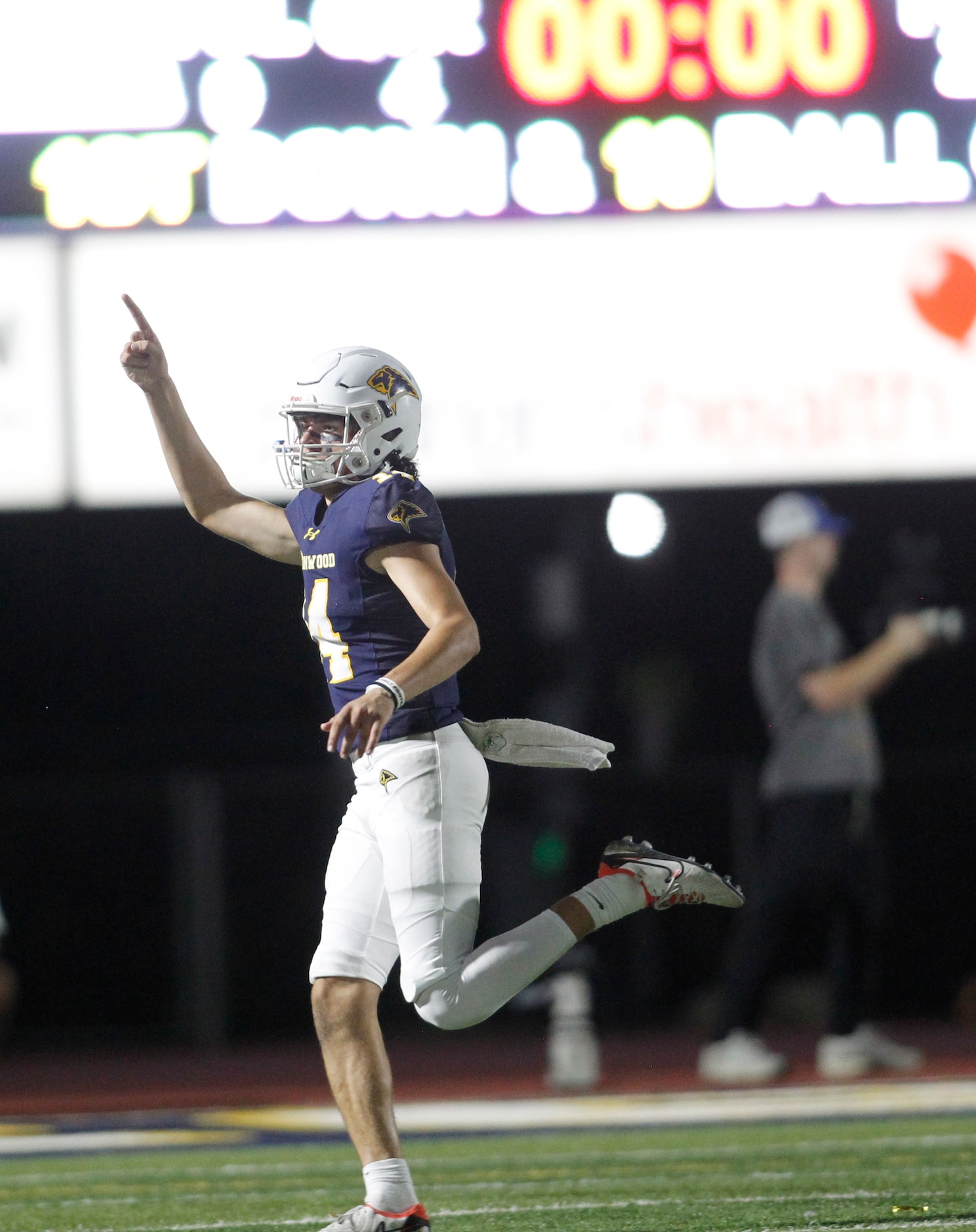 With no time left on the game clock, Plano Prestonwood Christian kicker Justin Dewers (14)...